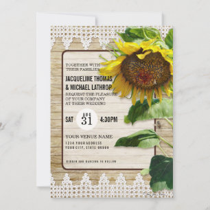 Sonnenblumen-Blumen-Spitze Vintage-Rustikal Holz B Einladung