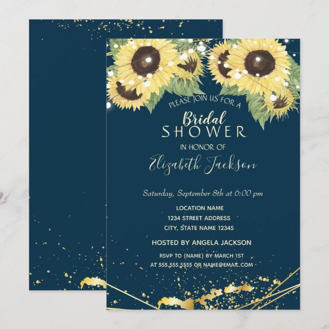 Sonnenblumen, Blumen, Streichleuchten, Gold, Braut Einladung (Vorne/Hinten)