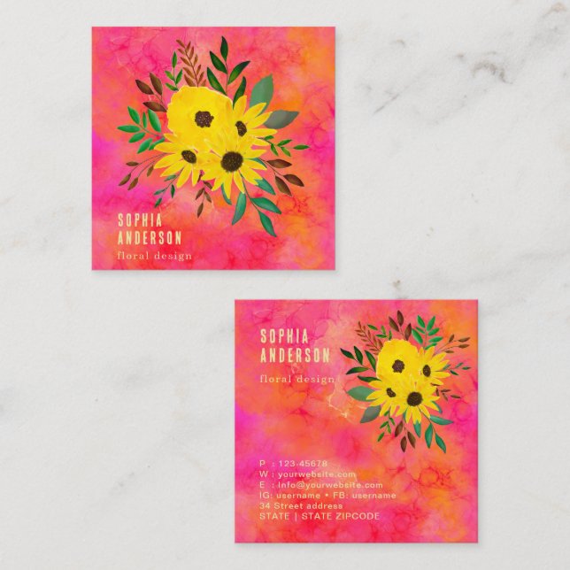 Sonnenblumen Blumenstrauß - Rosa Wasserfarbe Kunst Quadratische Visitenkarte (Vorne/Hinten)