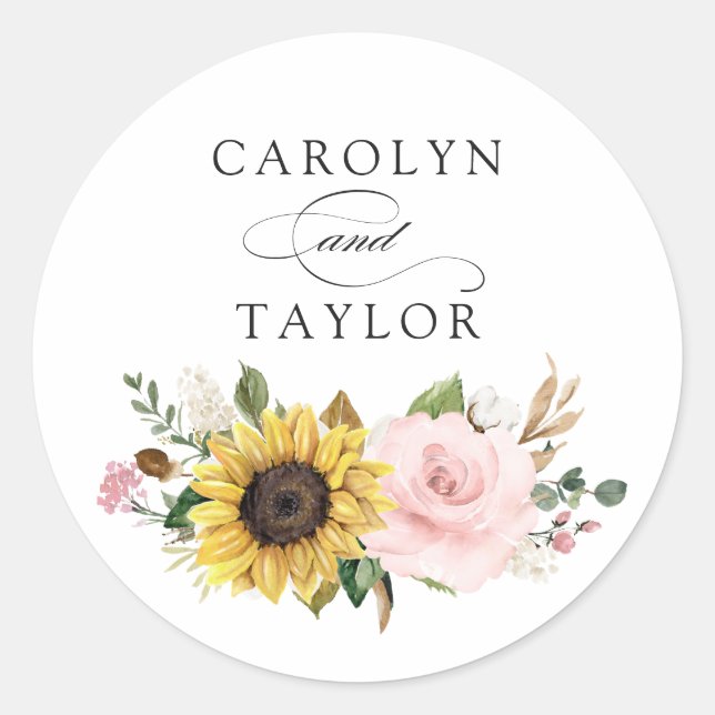 Sonnenblumen Blush Pink Floral Romantischer Umschl Runder Aufkleber (Vorderseite)