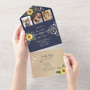 Sonnenblumen Boho Navyblaue Hochzeit All In One Einladung