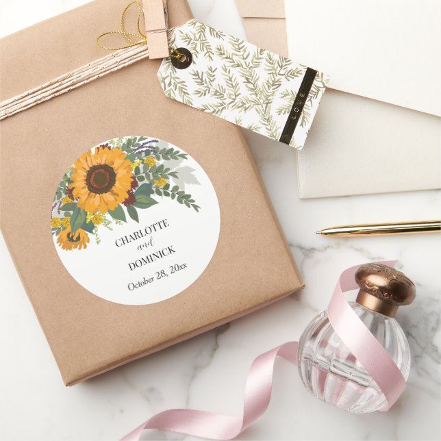 Sonnenblumen Bouquet Blumenkuchen Name Hochzeit Runder Aufkleber (Schenken)