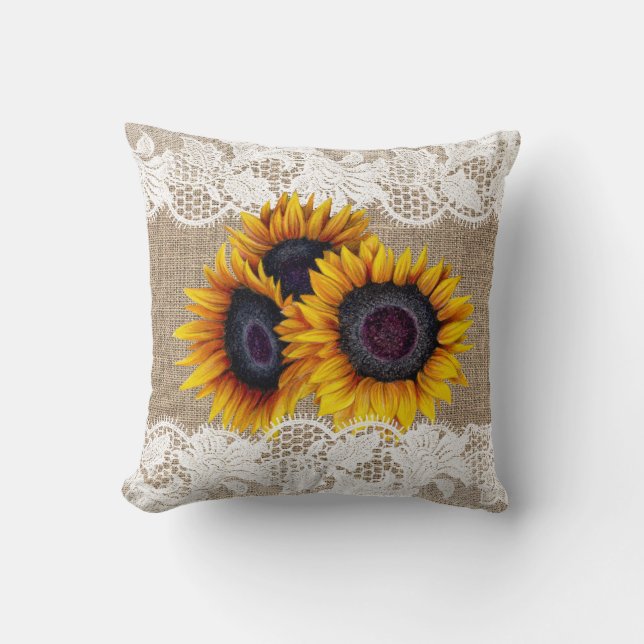 Sonnenblumen Bouquet-Burlap und Spitze Vintage rus Kissen (Vorderseite)