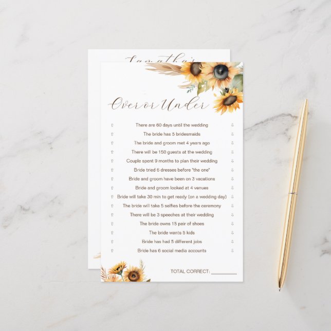 Sonnenblumen Brautparty Over oder Under game (Vorderseite/Rückseite Beispiel)