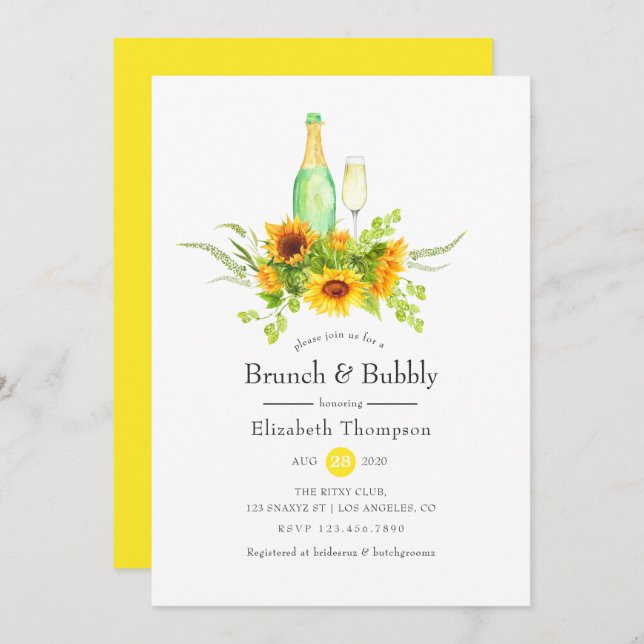 Sonnenblumen Brunch und Bubbly Brautparty Einladung (Vorne/Hinten)