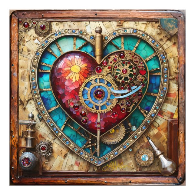 Sonnenblumen-Buntglas-Herz Steampunk-Serie Fotodruck (Vorne)