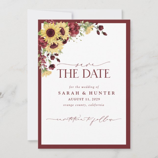 Sonnenblumen Burgund Foto Hochzeit speichern das D Save The Date (Vorderseite)