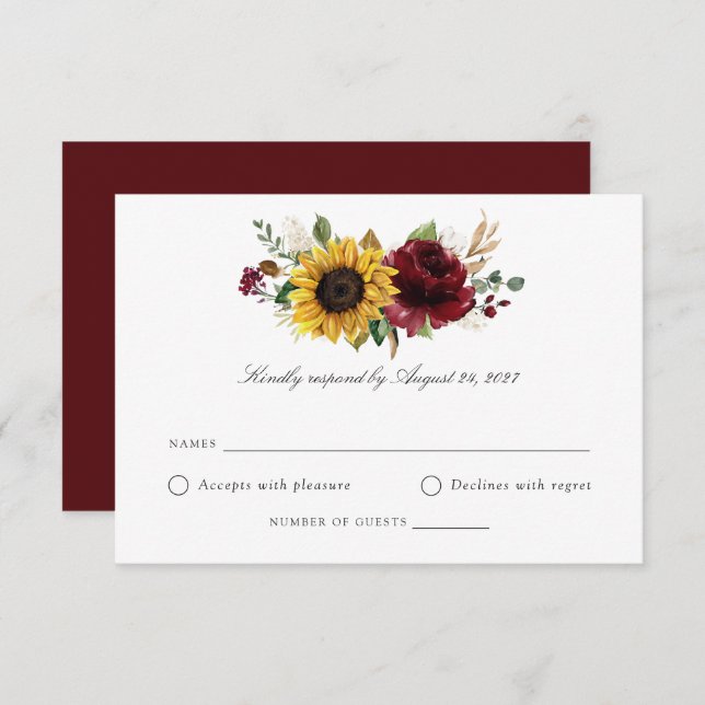 Sonnenblumen Burgund Greenery Wedding RSVP Card Einladung (Vorne/Hinten)