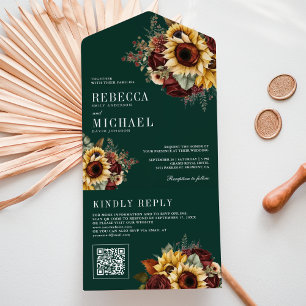 Sonnenblumen Burgund QR Code Smaragd Hochzeit All In One Einladung