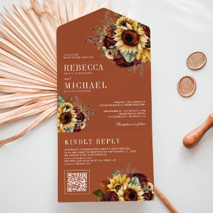 Sonnenblumen Burgund QR Code Terrakotta Hochzeit All In One Einladung