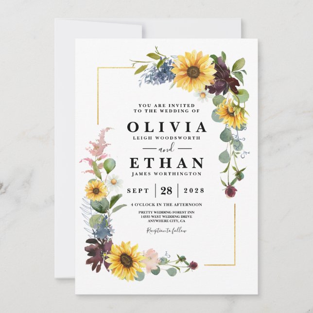 Sonnenblumen Burgund Rose Blauer Rustikal Einladung (Vorderseite)