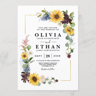 Sonnenblumen Burgund Rose Blauer Rustikal Einladung