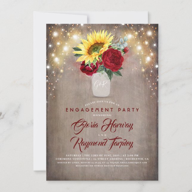 Sonnenblumen Burgundy Rustic Fall Engagement Party Einladung (Vorderseite)
