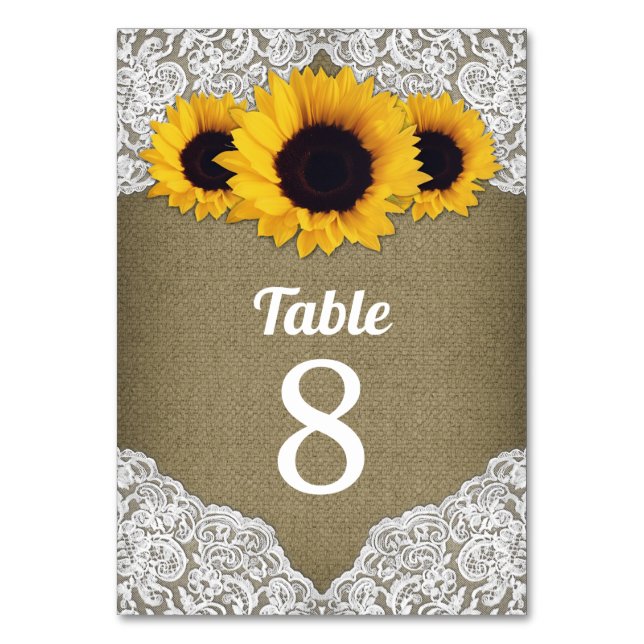 Sonnenblumen Burlap Lace Hochzeit Tischnummer Card (Vorderseite)