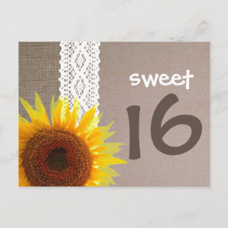 Sonnenblumen Burlap & Lace Sweet 16 Geburtstag Ein Einladungspostkarte
