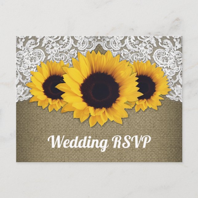 Sonnenblumen-Burlap- und Spitzen-Hochzeit-RSVP-Pos Einladungspostkarte (Vorderseite)