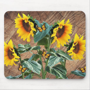 Sonnenblumen Butterfliegen Rustikales Barnboard Mousepad
