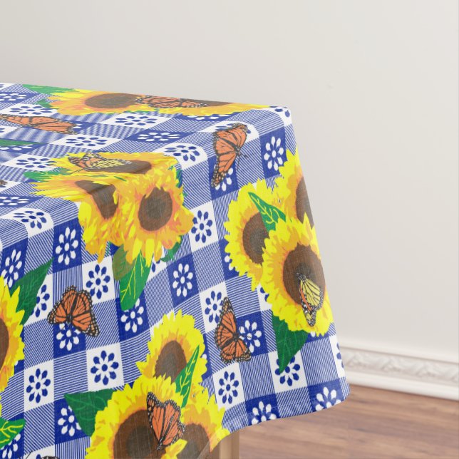 Sonnenblumen Butterflies Blue Gingham Tischdecke (Beispiel)