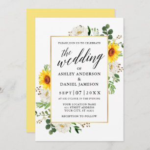 Sonnenblumen Calligrafie White Floral Wedding Einladung