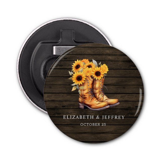 Sonnenblumen Cowboy Boots Barn Wood Western Hochze Flaschenöffner (Vorderseite)