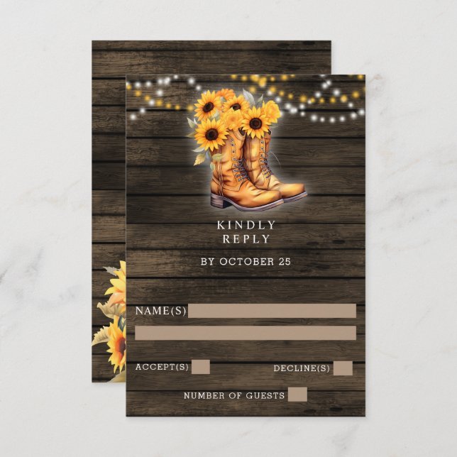 Sonnenblumen Cowboy Boots Barn Wood Western Hochze RSVP Karte (Vorne/Hinten)