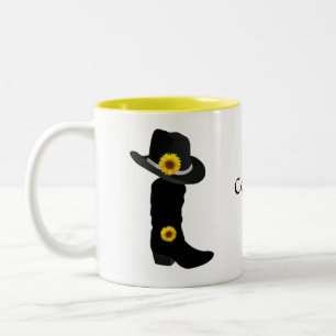Sonnenblumen, Cowgirl Black Hat & Boot Zwei-Tone-C Zweifarbige Tasse