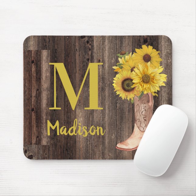 Sonnenblumen Cowgirl Boots Rustic Wood Monogram Mousepad (Mit Mouse)