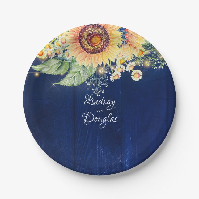 Sonnenblumen Daisies Gipskraut Navy Blue Rustic Pappteller (Vorderseite)