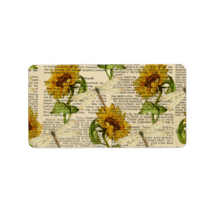 Sonnenblumen Dragonfis Old Newspaper Country Style Adressaufkleber