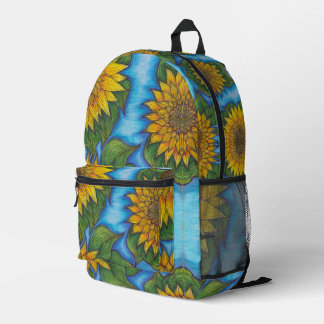 Sonnenblumen-Druck-Rucksack Gelb Blau Schwarz Bedruckter Rucksack
