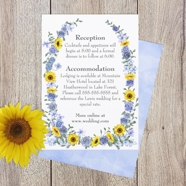 Sonnenblumen, dunkelblaue Rose - Details zum Hochz Begleitkarte (yellow sunflowers dusty blue wedding details enclosure card)