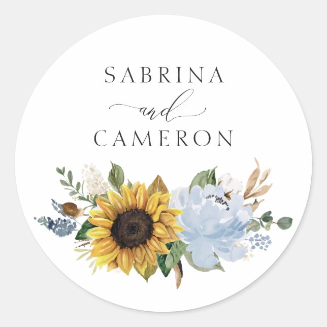 Sonnenblumen Dusty Blue Floral Eleganter Umschlag  Runder Aufkleber (Vorderseite)