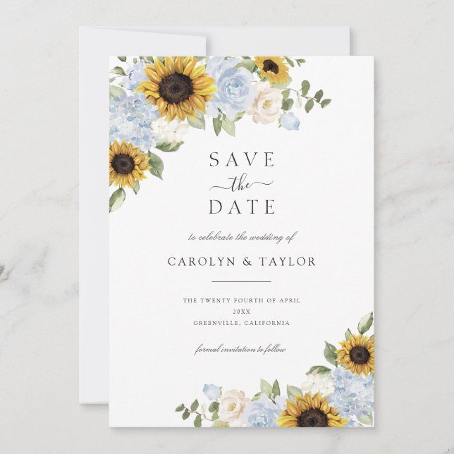 Sonnenblumen Dusty Blue Floral Save the Date rusti Einladung (Vorderseite)