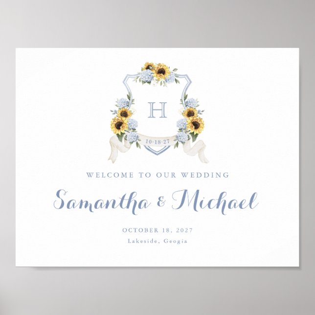 Sonnenblumen Dusty Blue Hydrangea Wappen Begrüßung Poster (Vorne)