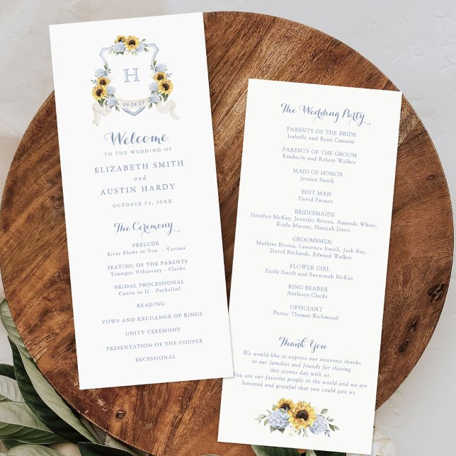 Sonnenblumen Dusty Blue Hydrangea Wappen Hochzeit Programm (Von Creator hochgeladen)