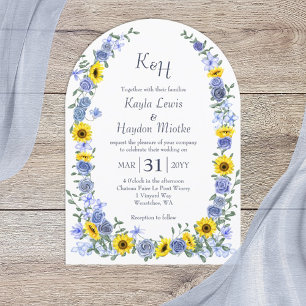 Sonnenblumen Dusty Blue Rosen Garten Hochzeitsböge Einladung