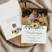 Sonnenblumen Dusty Blue Rustic Foto QR Code Hochze