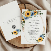 Sonnenblumen Dusty Blue Rustic QR Code Hochzeit