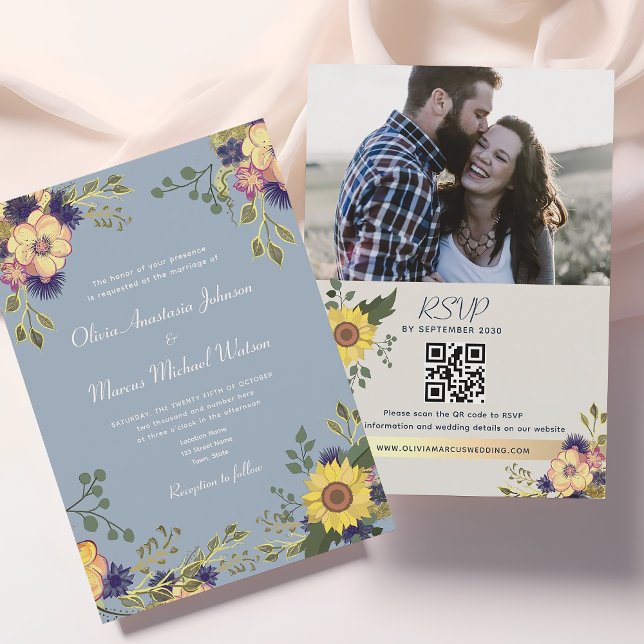 Sonnenblumen Dusty Blue Wedding QR Code Einladung (Von Creator hochgeladen)