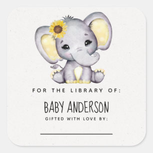 Sonnenblumen-Elefanten-Baby-Shower-Bookplate Quadratischer Aufkleber
