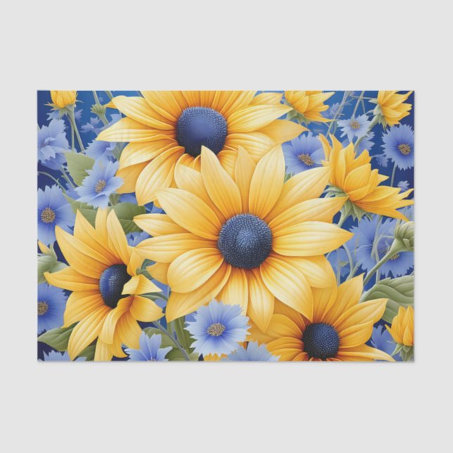 Sonnenblumen Elegant mit weichen blauen Wildblumen Seidenpapier (Vorderseite)