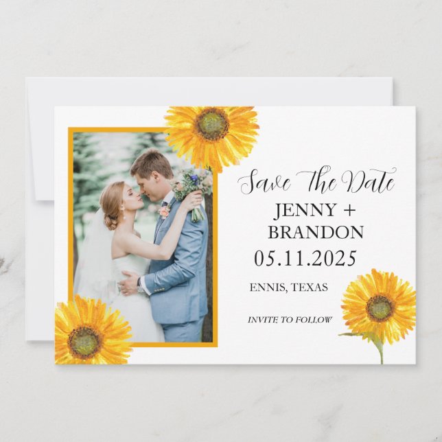 Sonnenblumen Elegantes, modernes, gelbes Foto Save The Date (Vorderseite)