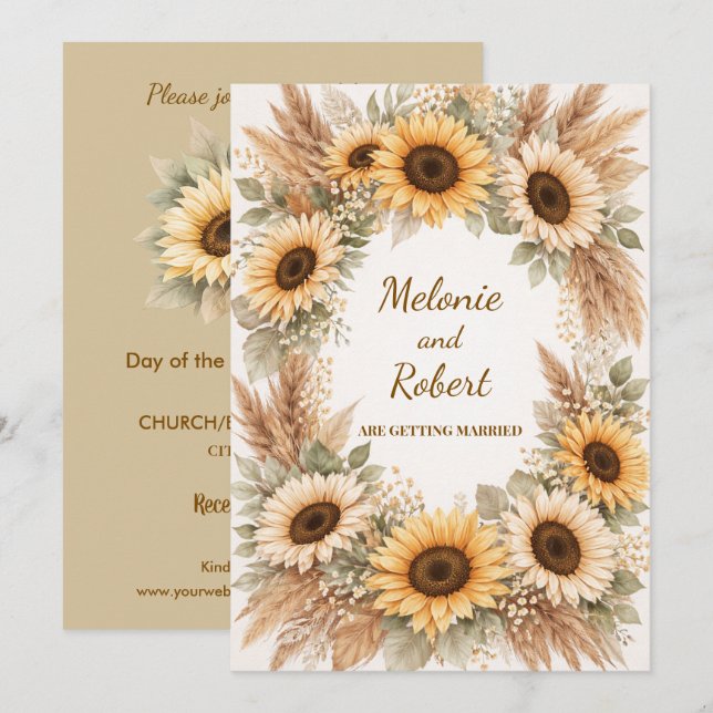 Sonnenblumen Erdig Boho Hochzeitseinladung Einladung (Vorne/Hinten)