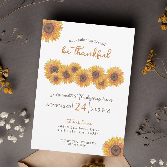 Sonnenblumen Erntedank Abendessen Einladung (Cute Watercolor Sunflowers Thanksgiving Dinner Invitation)