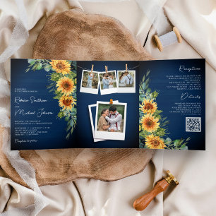 Sonnenblumen Eucalyptus QR Code Navy Blue Wedding Dreifach Gefaltete Einladung