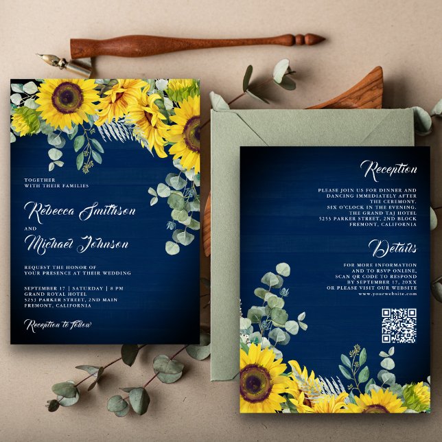 Sonnenblumen Eucalyptus QR Code Navy Blue Wedding Einladung (Von Creator hochgeladen)