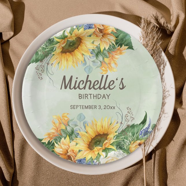 Sonnenblumen Eukalyptus Blätter Geburtstagsname Da Pappteller (Sunflowers and eucalyptus birthday party paper plates)