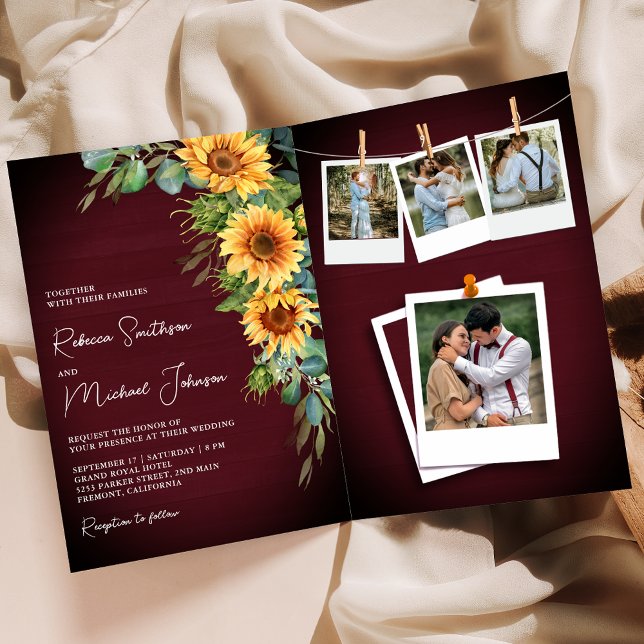 Sonnenblumen Eukalyptus Burgunder QR-Code Hochzeit Einladung (Von Creator hochgeladen)