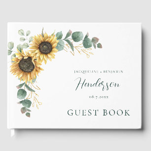 Sonnenblumen-Eukalyptus-Hochzeit in Schreibschrift Gästebuch