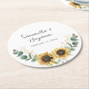 Sonnenblumen-Eukalyptus-Hochzeitsgeschenk Runder Pappuntersetzer